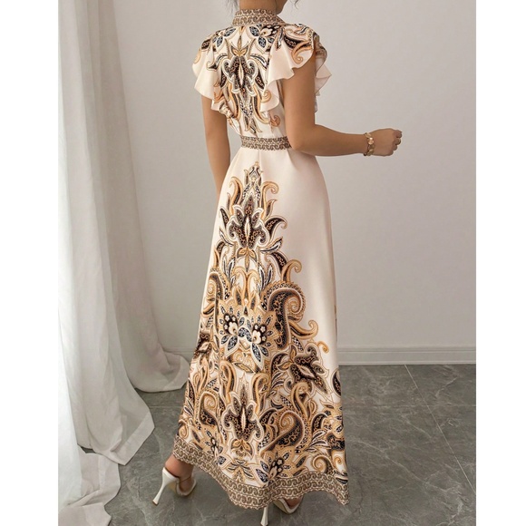 Boho Paisley Print Butterfly Sleeve Button Down Belted Maxi Dress - Picture 2 of 5